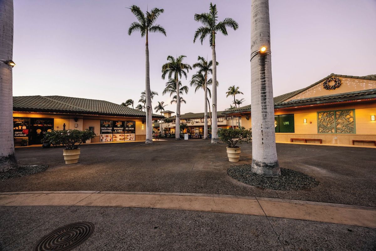 Un patio de hotel con palmeras, una fuente central y un edificio con un cartel que dice 'LIVE'.