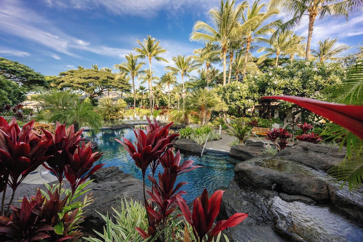 Un complexe hôtelier tropical doté d’une piscine entourée de palmiers et d’une végétation luxuriante.