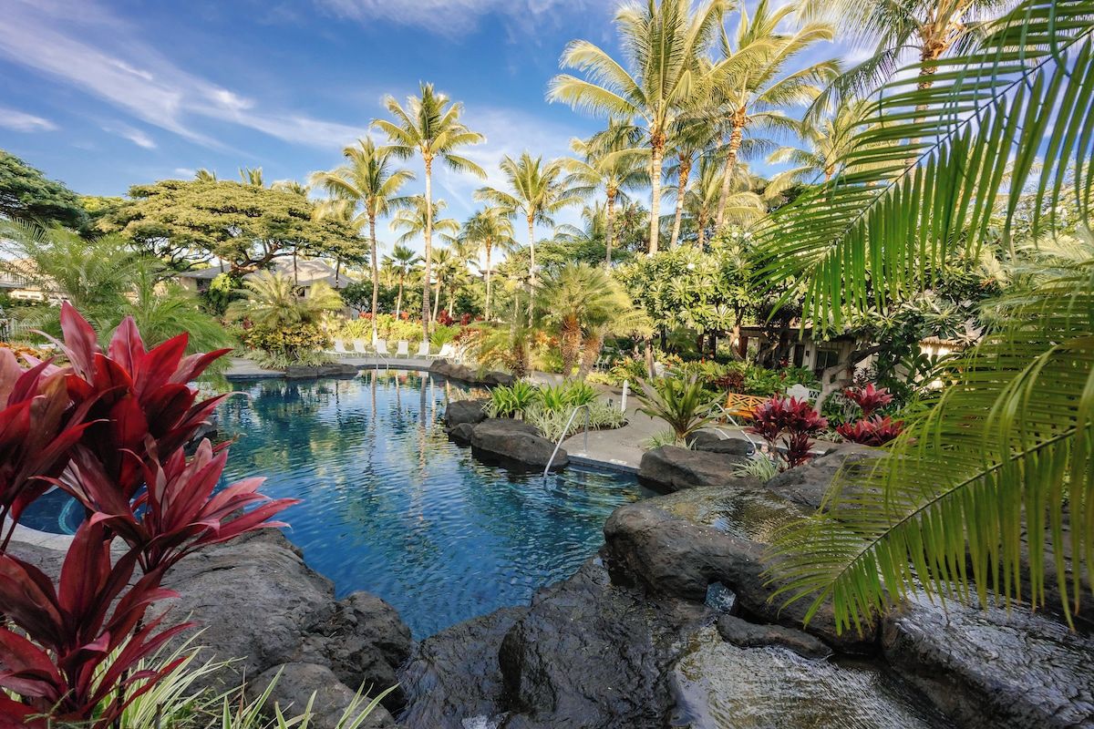 A pool surrounded by tropical vegetation and palm trees.