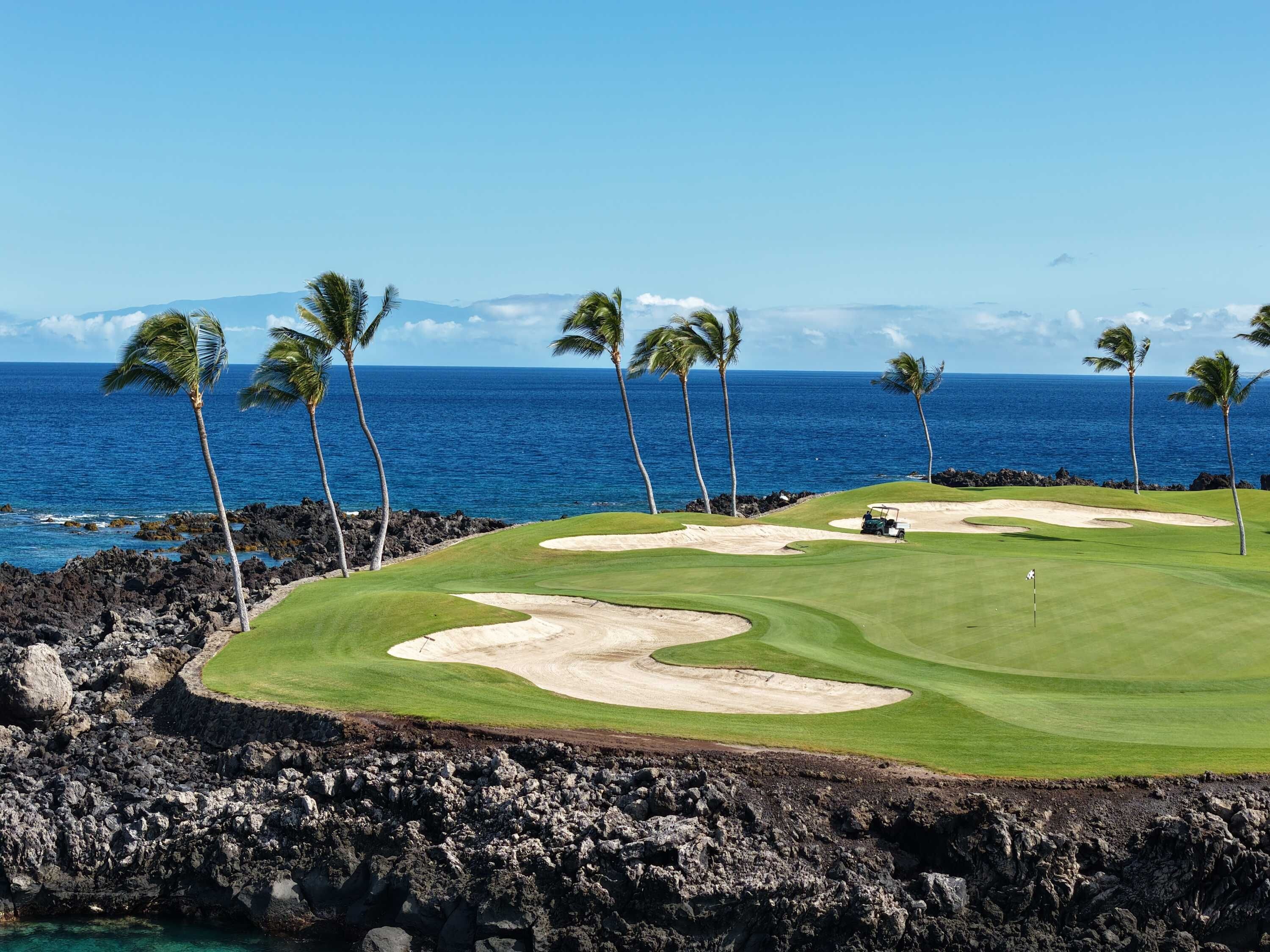 A golf course with a view of the ocean and palm trees.
