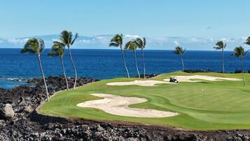 A golf course with a view of the ocean and palm trees.