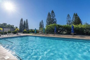 Ein klares, blaues Schwimmbecken mit Liegestühlen und Sonnenschirmen, umgeben von Bäumen.