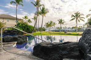 Piscina com vista para uma área residencial, incluindo casas e palmeiras.
