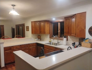 A kitchen with wooden cabinets, a white countertop, and a built-in dishwasher. - 4 BR Mountain Retreat in Stunning Hardwood Forest: Big Views & Friendly Goats (Blairsville)