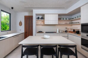 Cozinha moderna com ilha central, eletrodomésticos embutidos e janela com vista para o verde.