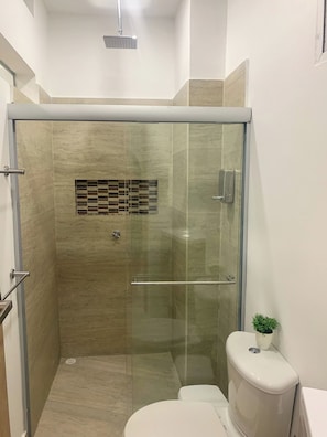 Un bany modern amb plat de dutxa envoltat de vidre, un vàter i una petita planta en test.