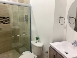 Uma casa de banho moderna com chuveiro em cabine de vidro, sanita, lavatório e espelho.