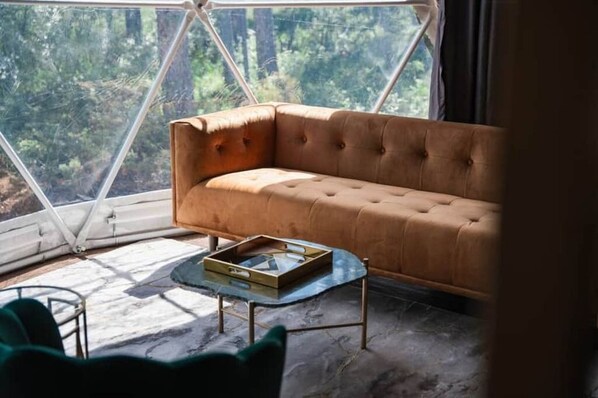 A room with a brown sofa, a glass coffee table, and a view of a forest through a large window.