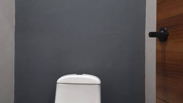 Un inodoro blanco en una esquina, con una pared negra y una puerta de madera.