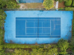 An aerial view of a tennis court surrounded by greenery. - 3 Ocean Park Court, Isle of Palms (Isle of Palms)