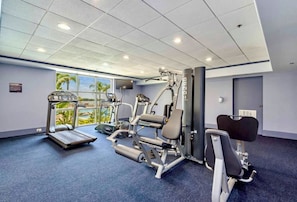 Ett gym med konditionsmaskiner, styrketräningsutrustning och ett stort fönster med utsikt över palmer.