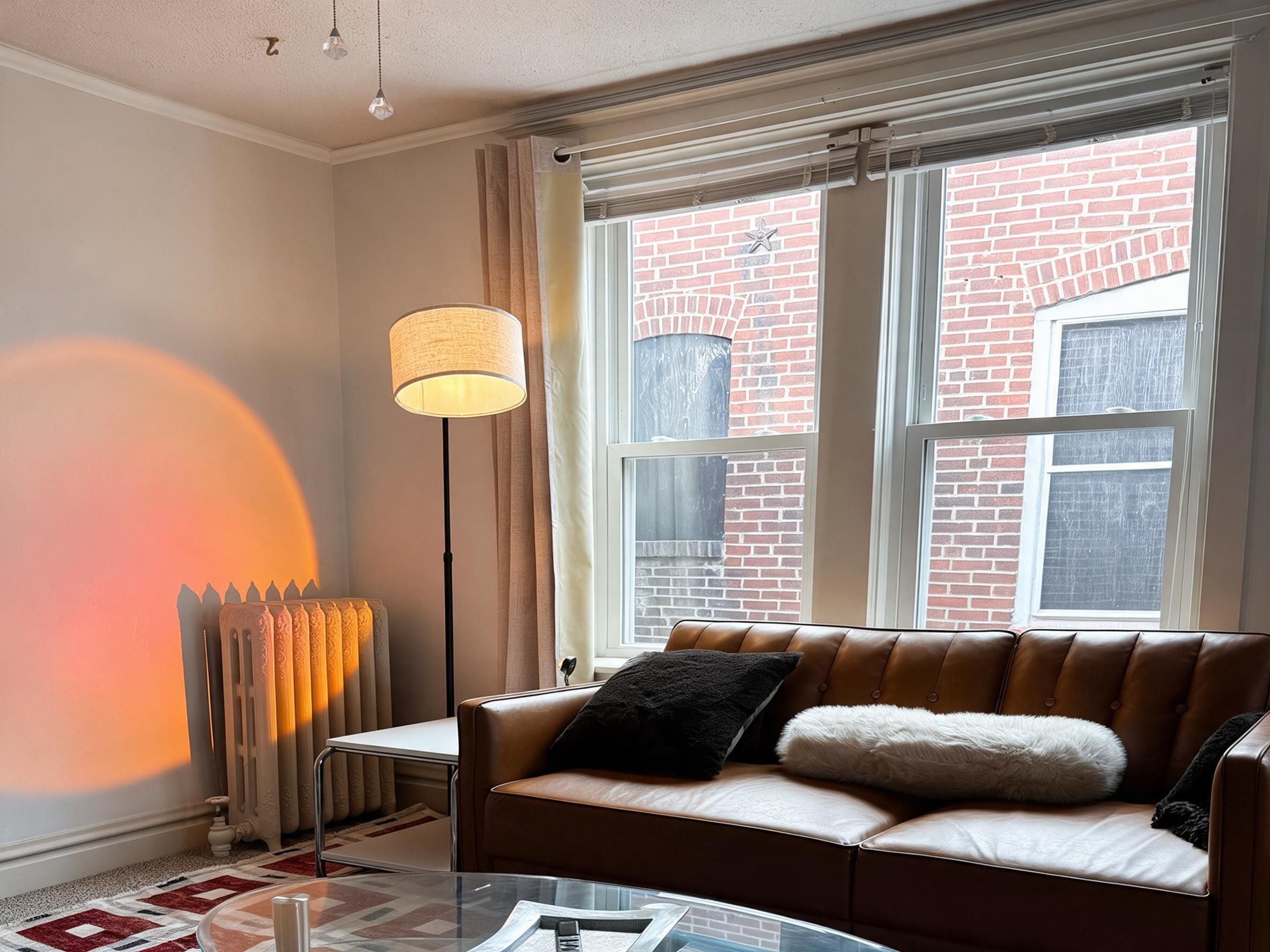 En hyggelig stue med en brun lædersofa, et glasbord, en gulvlampe og en radiator.
