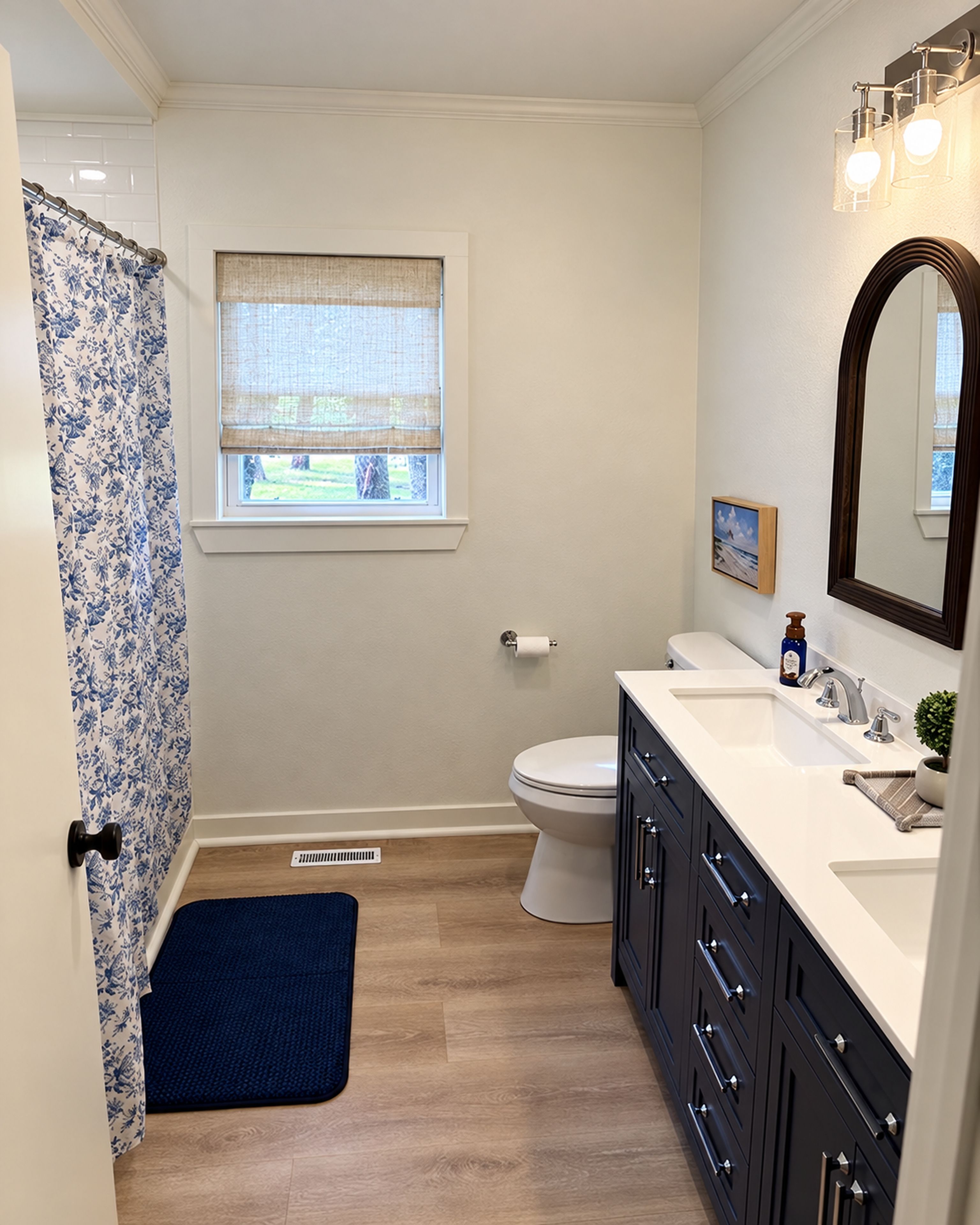 A bathroom with a toilet, sink, mirror, and shower curtain.