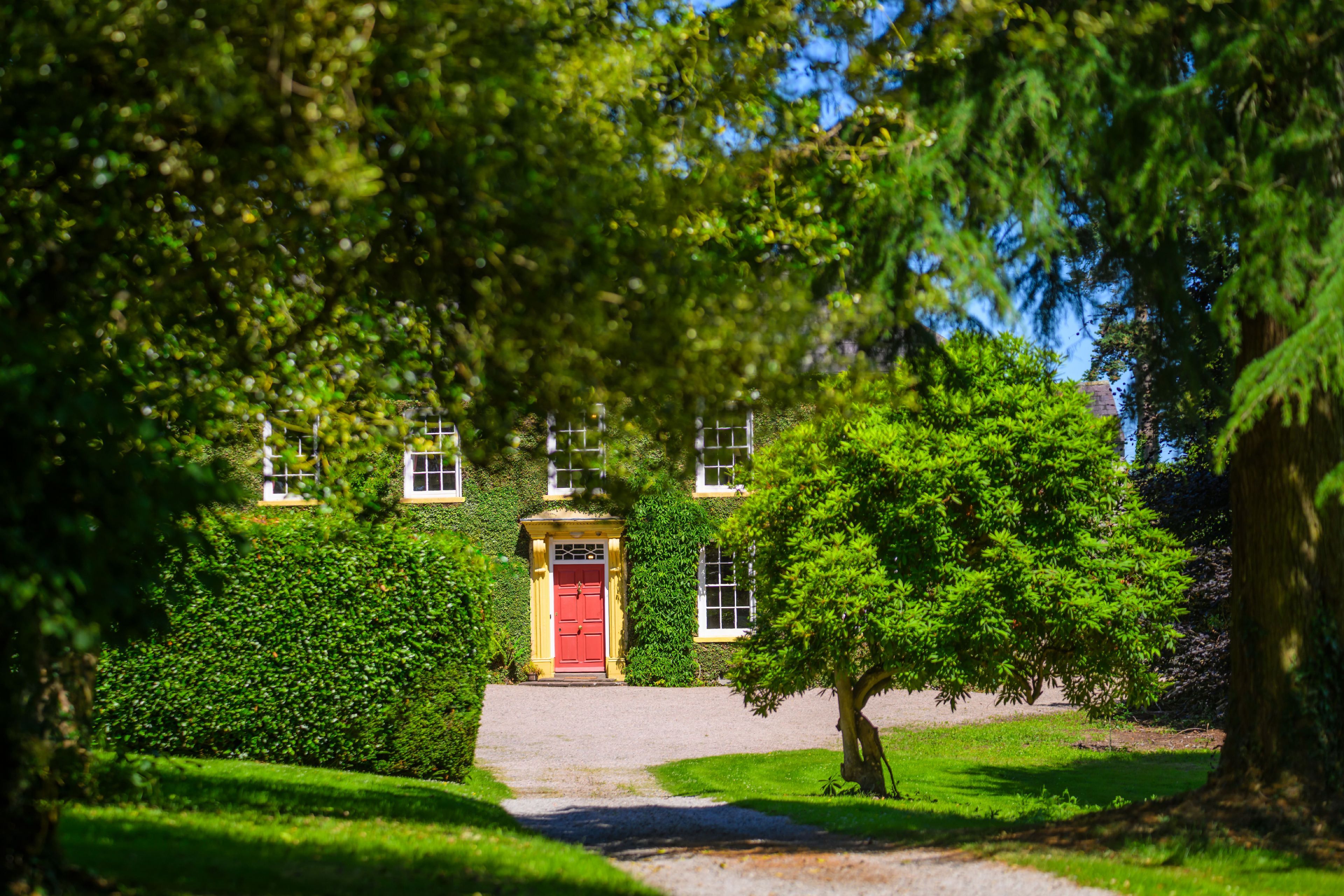 A pathway leading to a building with a red door, surrounded by lush greenery and trees.