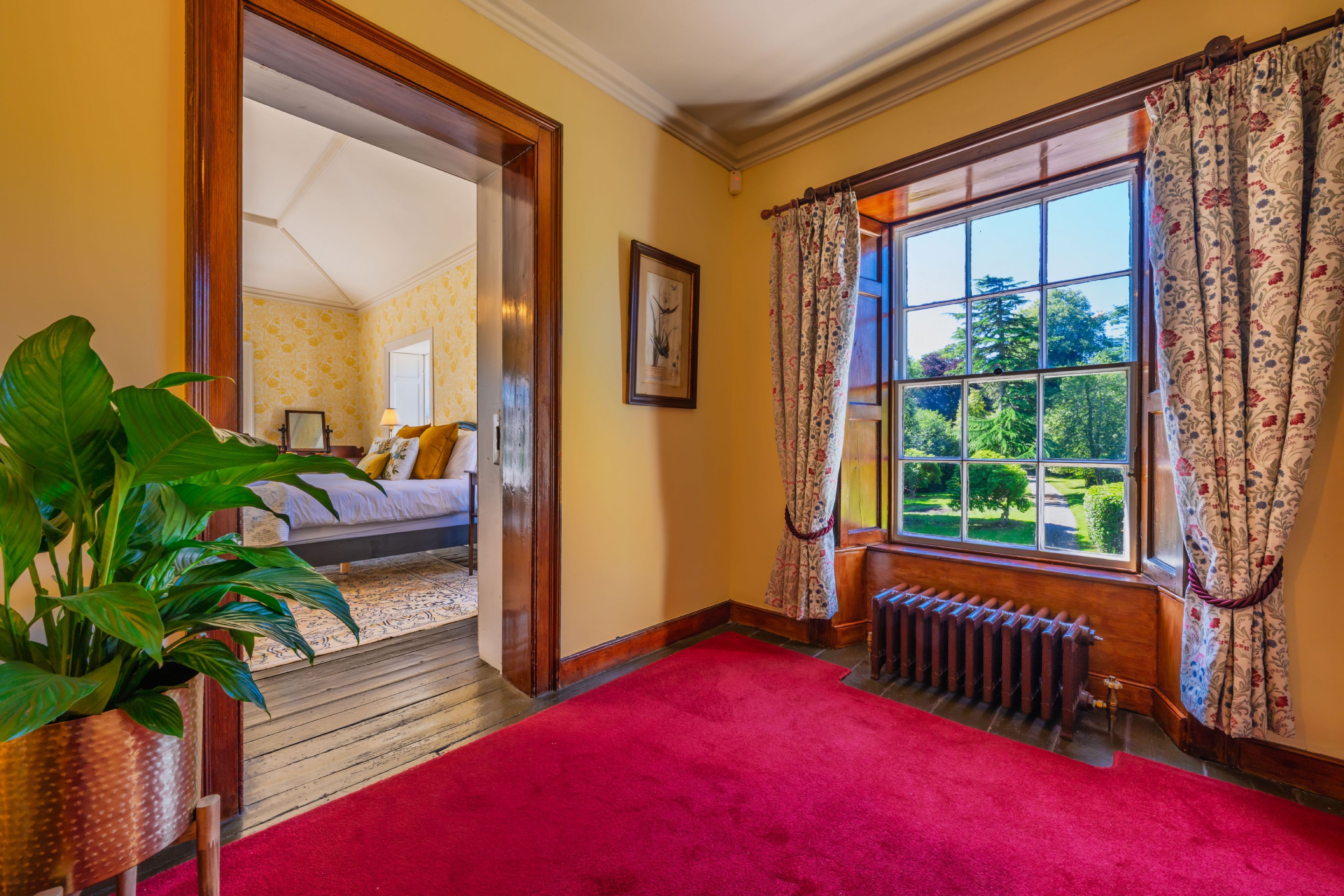 A room with a red carpet, a large window with floral curtains, and a view of greenery outside.