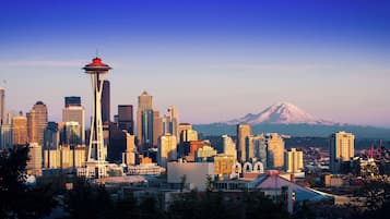 A cityscape with a prominent tower and a mountain in the background.