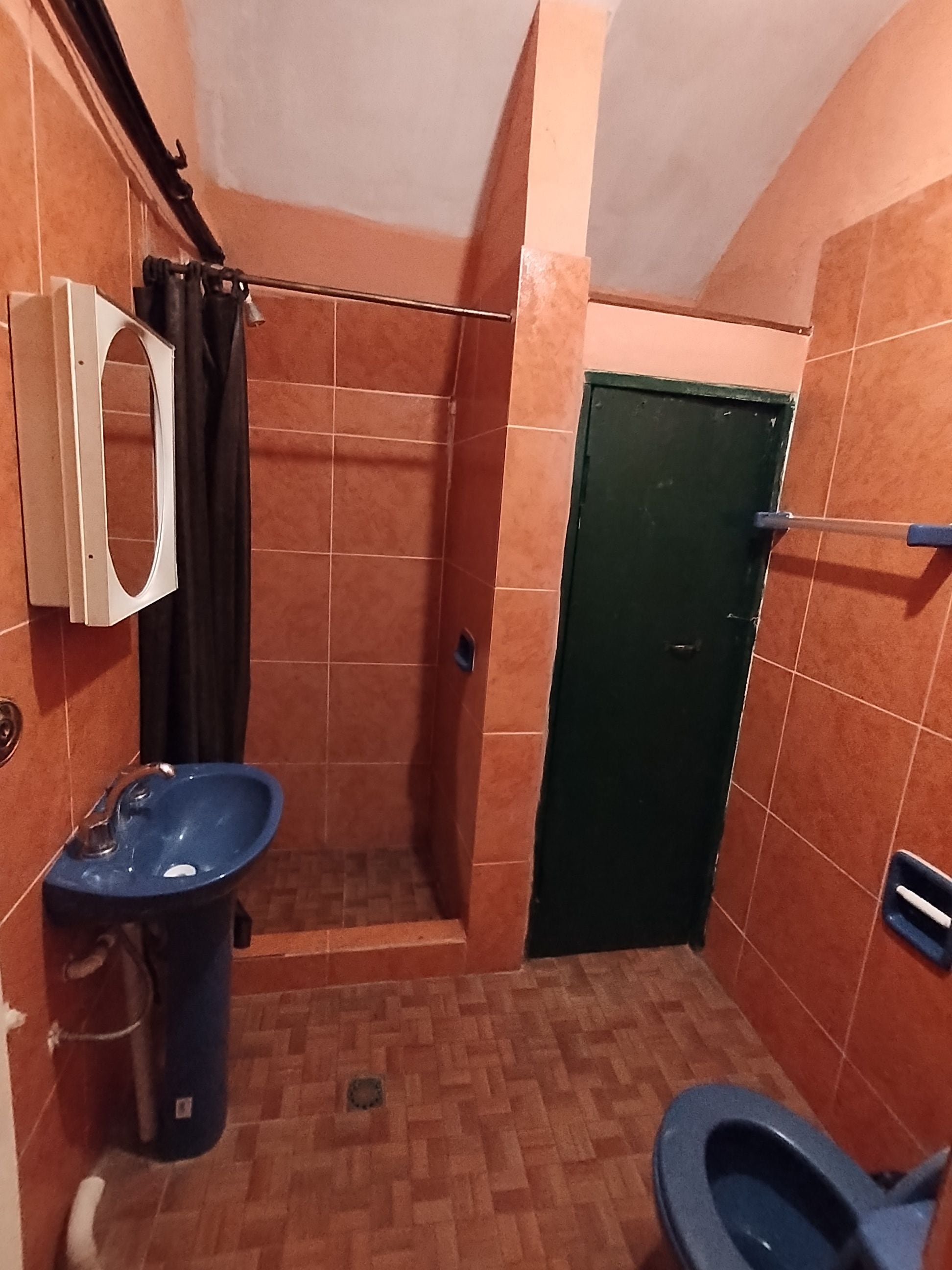 Un bany amb un rentamig, un vàter i una zona de dutxa.