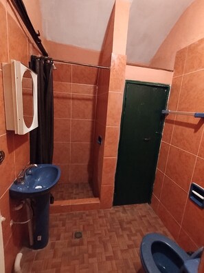 A bathroom with a blue sink, a toilet, and a shower area. - Casa Naranja céntrico  (Villa Imperial de Potosí)