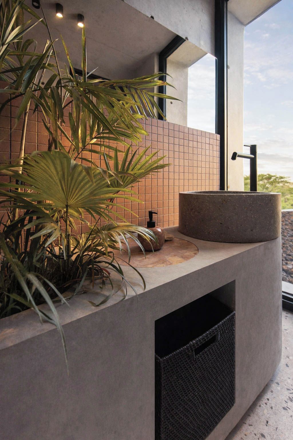 A modern bathroom with a large potted plant, a round sink, and a window providing a view of the outdoors.