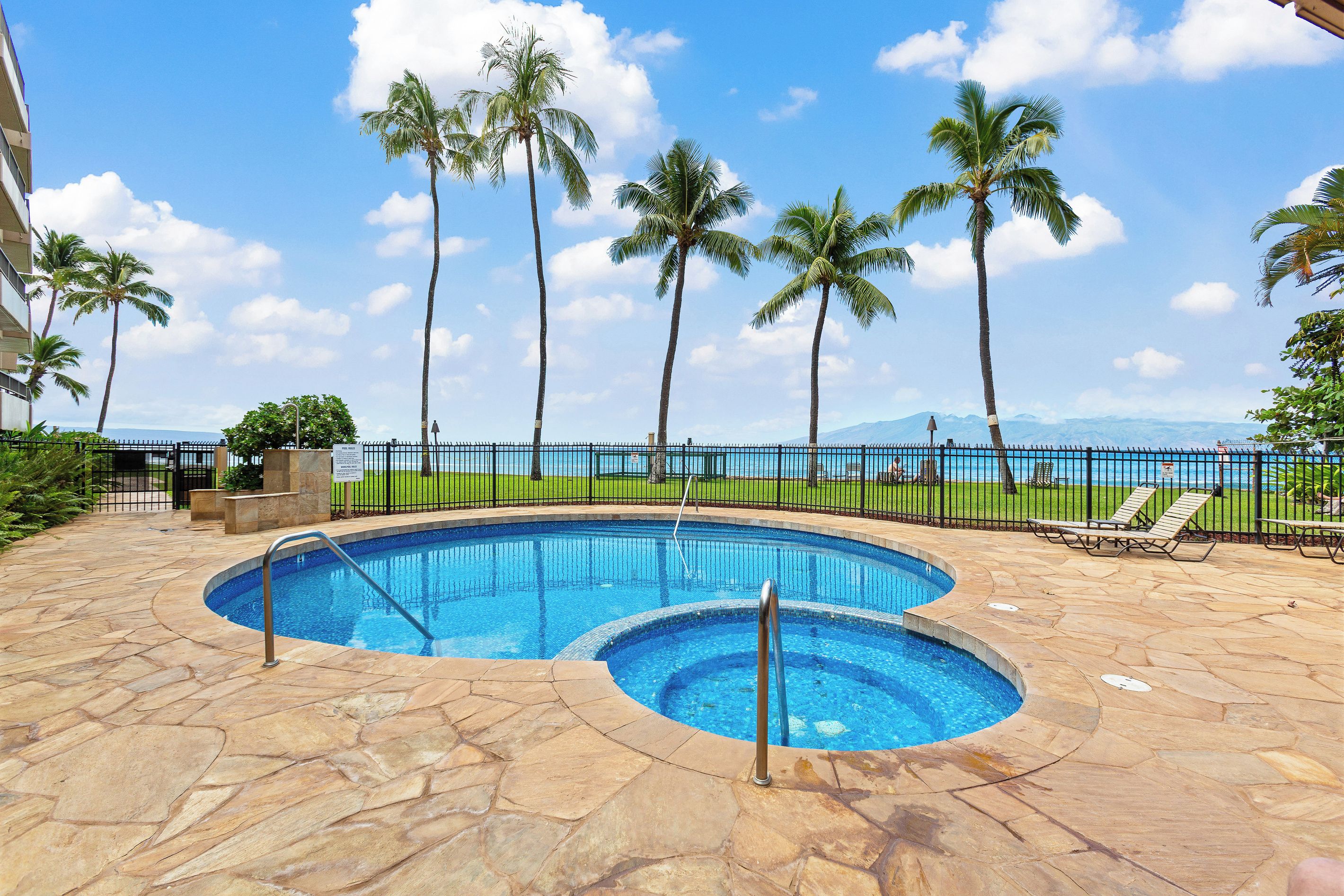 A swimming pool with a curved design, surrounded by a stone patio and a black metal fence.