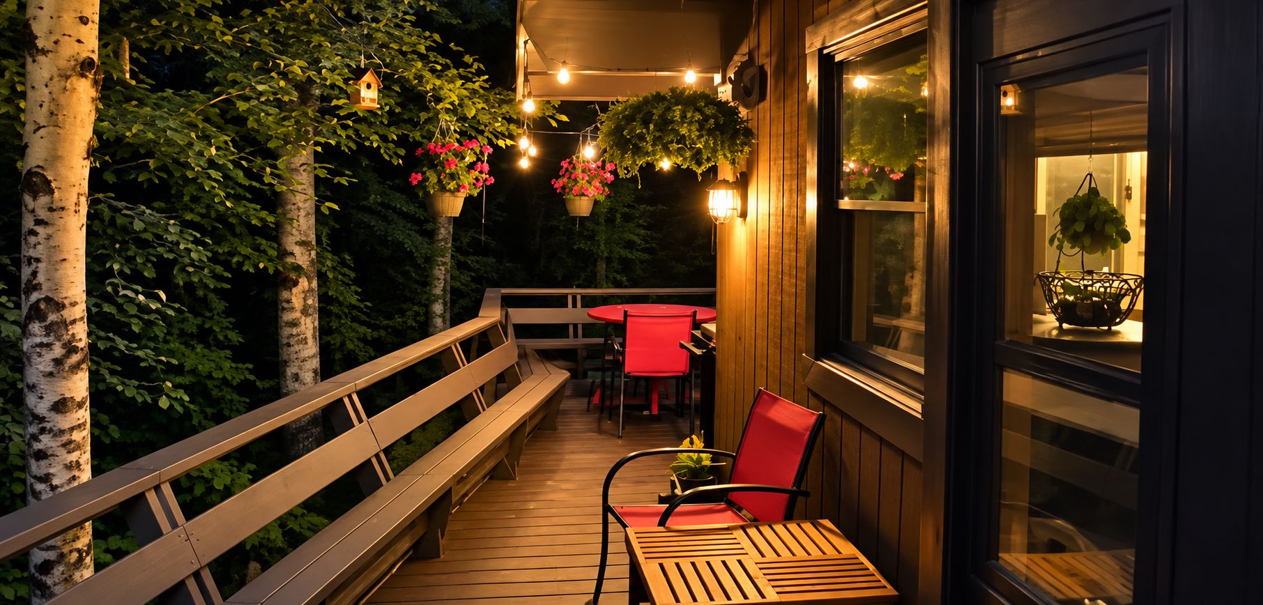 A wooden deck with a bench and red chairs, surrounded by trees and hanging flower baskets.
