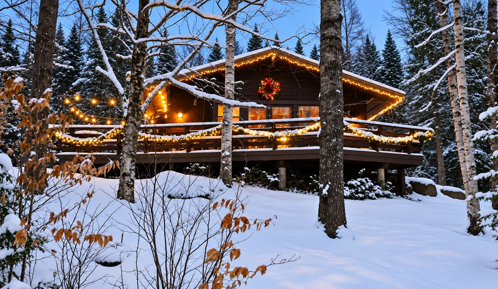 A wooden cabin with a deck, surrounded by snow-covered trees.