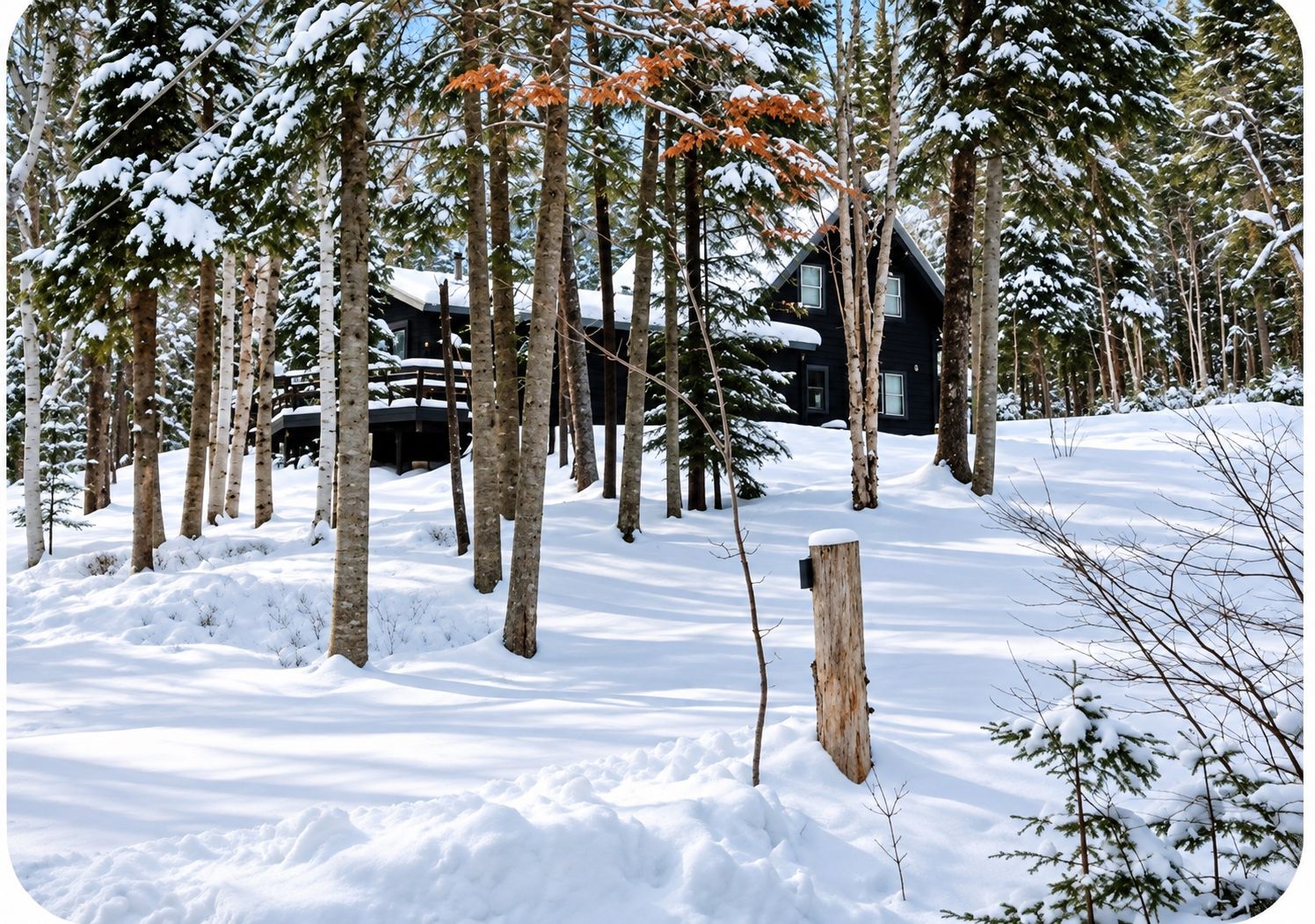 A snow-covered forest with a cabin and a wooden post.