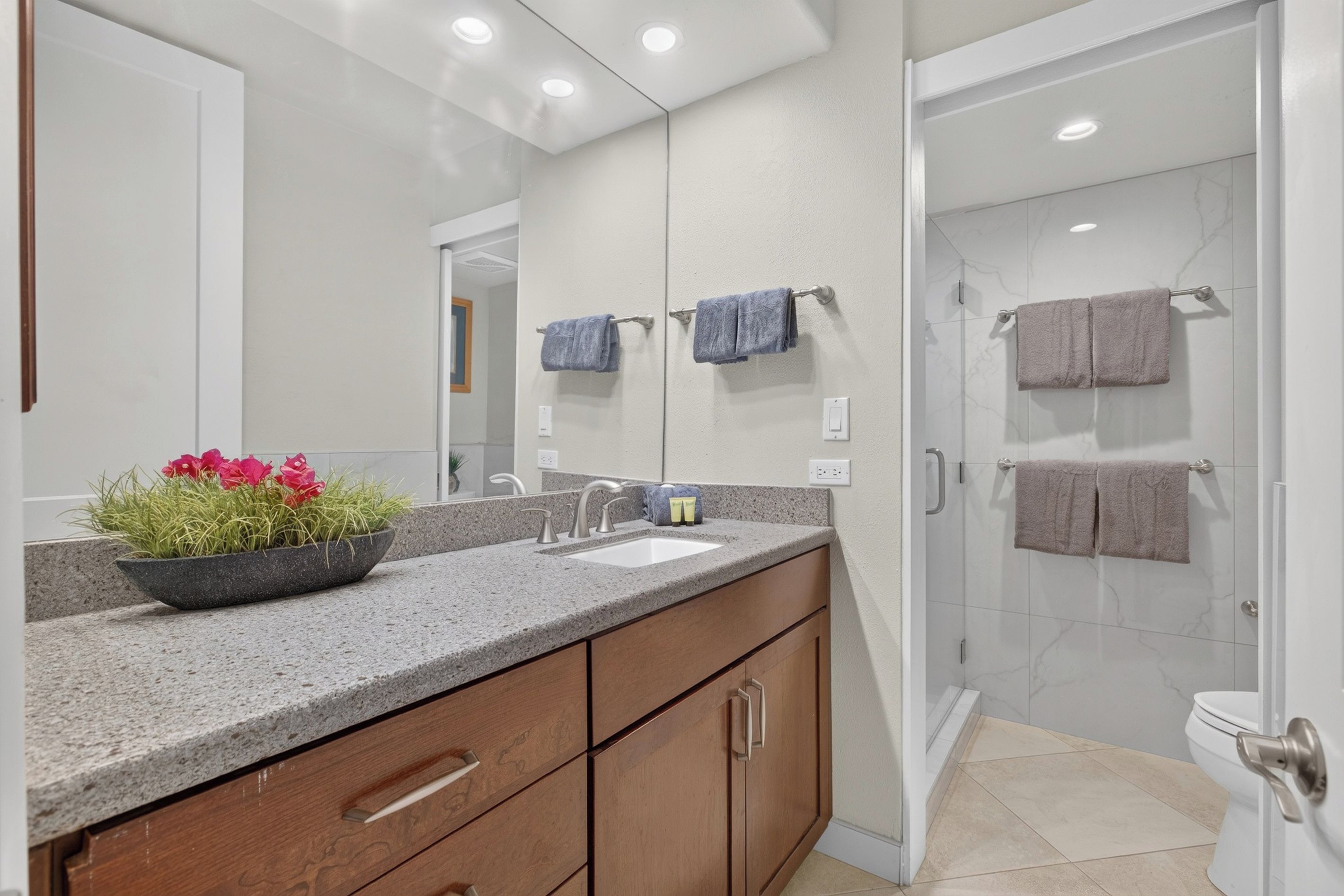 A modern bathroom with a granite countertop, wooden cabinets, a large mirror, and a glass-enclosed shower.