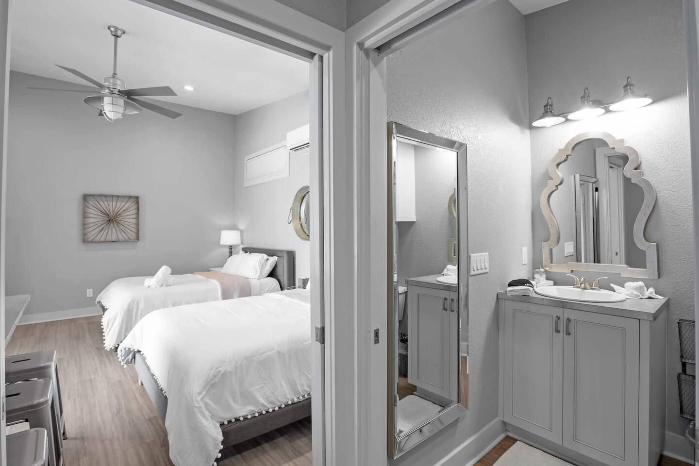 Cool sheets, a soft hum overhead, and nobody's alarm set. Sleep in.