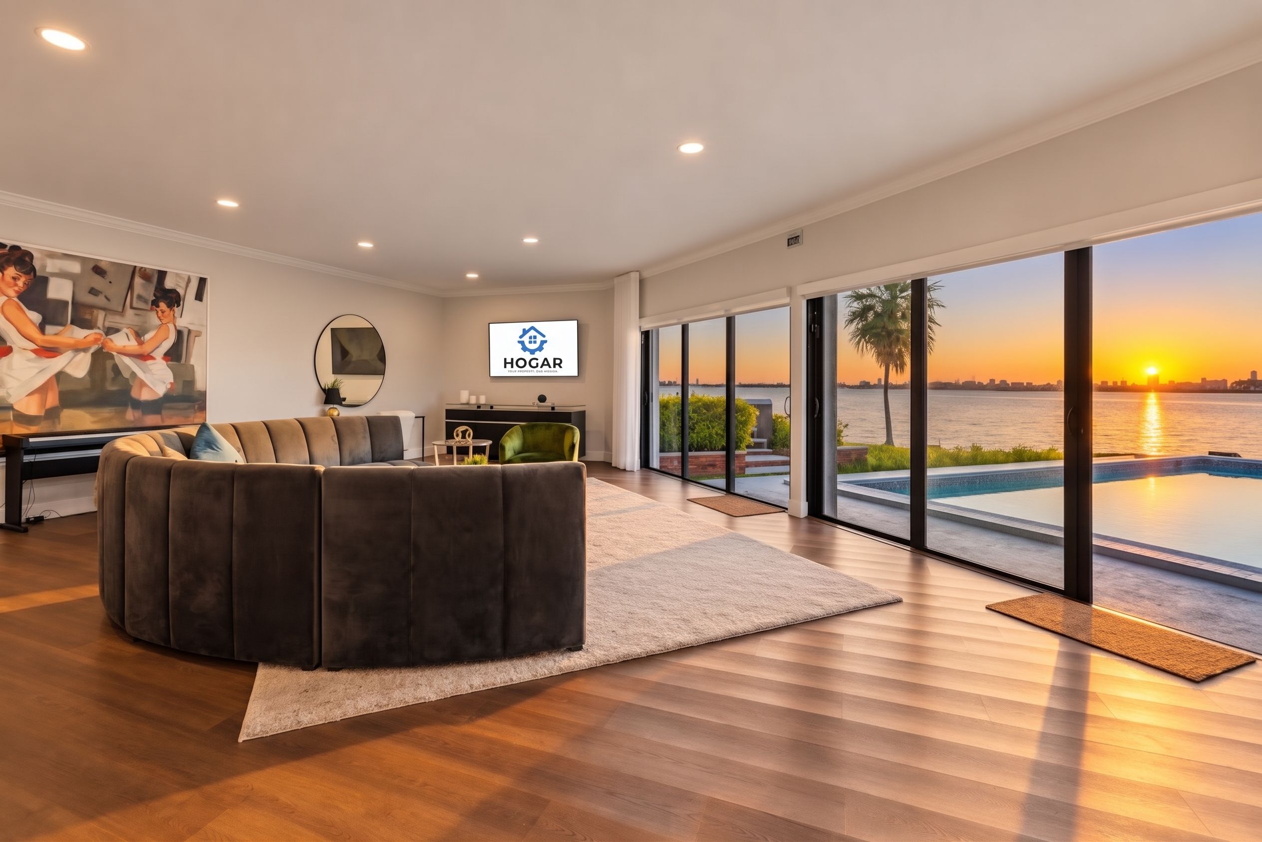 Una sala de estar moderna con un sofá grande, un cuadro y vistas a un atardecer sobre el agua.