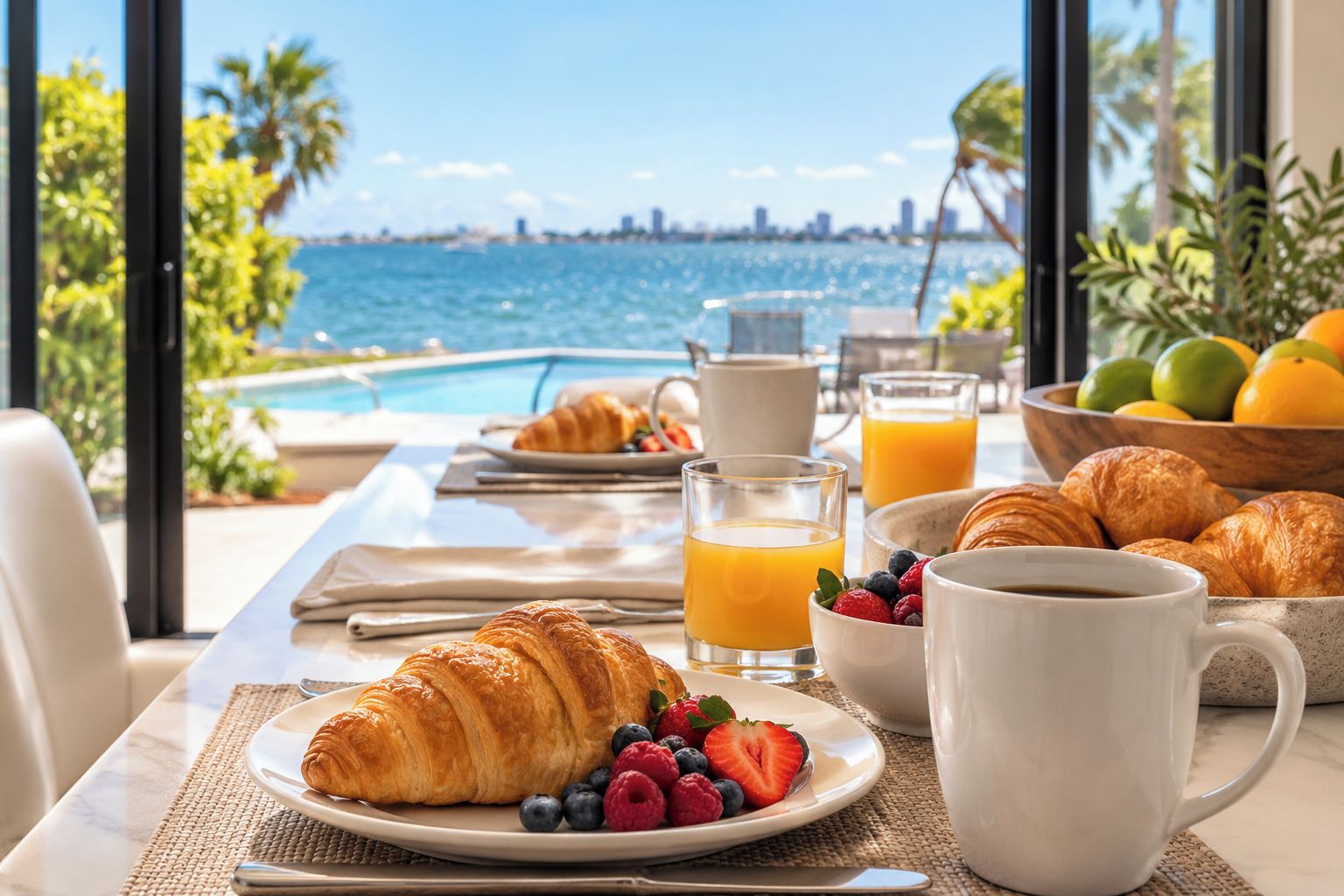A breakfast setting with croissants, fruit, and orange juice by a pool with a city view.
