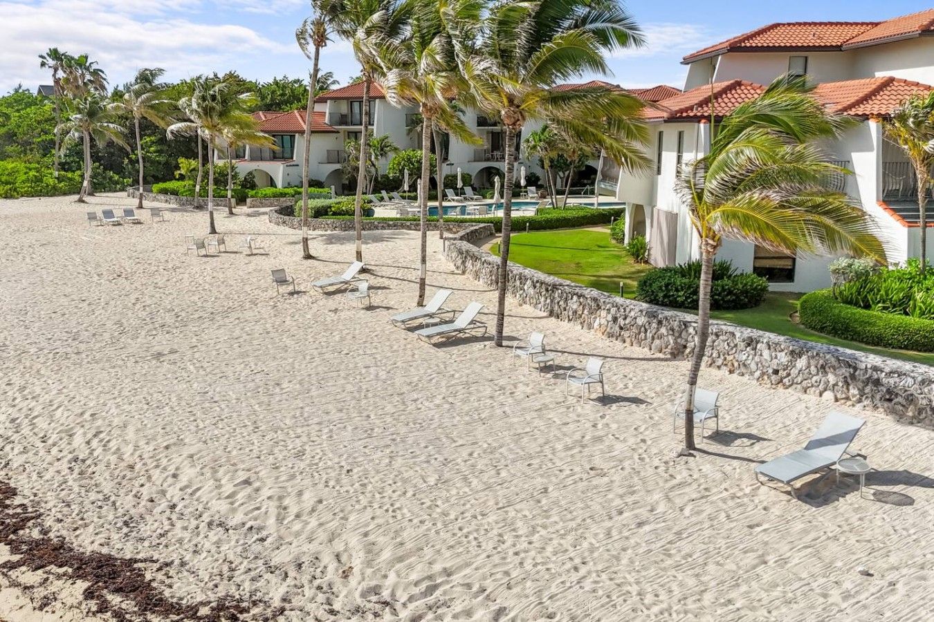 Un resort en la playa con tumbonas, palmeras y una piscina.
