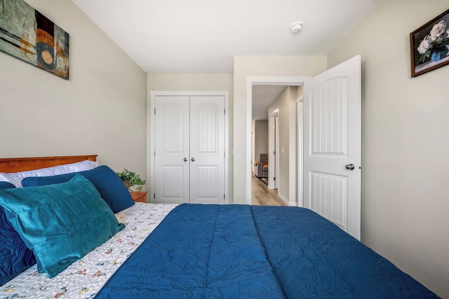 A bedroom with a bed, two doors, a hallway, and a plant.