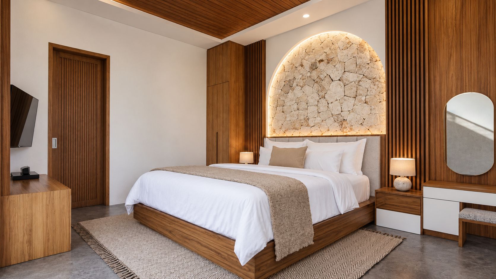A modern bedroom with a large bed, wooden paneling, a stone accent wall, a vanity, and a flat-screen TV.