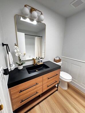 Een badkamer met een zwart aanrecht, een houten wastafelmeubel, een spiegel met verlichting, een toilet en een potorkidee.