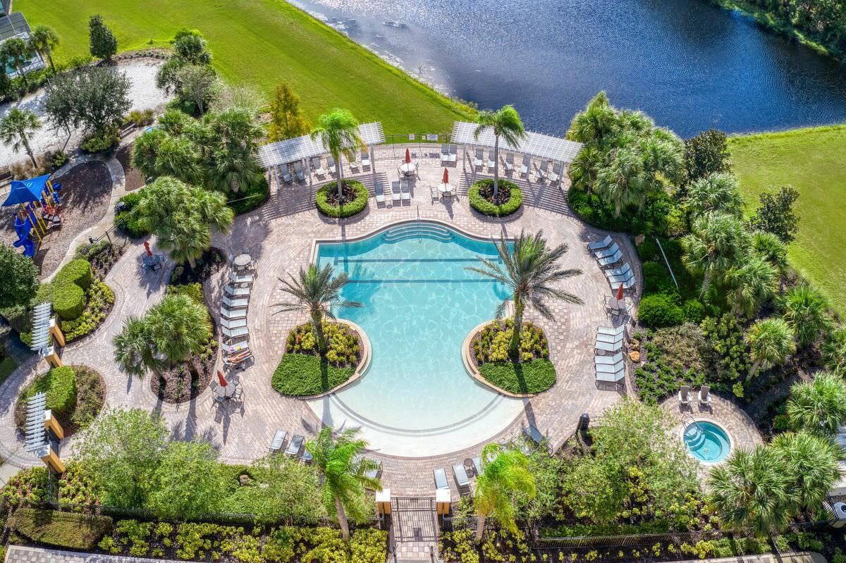 A resort with a central swimming pool, sun loungers, and palm trees.
