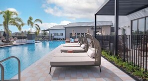 A pool area with lounge chairs and umbrellas, surrounded by a fence and palm trees. - Landing | Stylish 2BD in Loughman (Davenport)