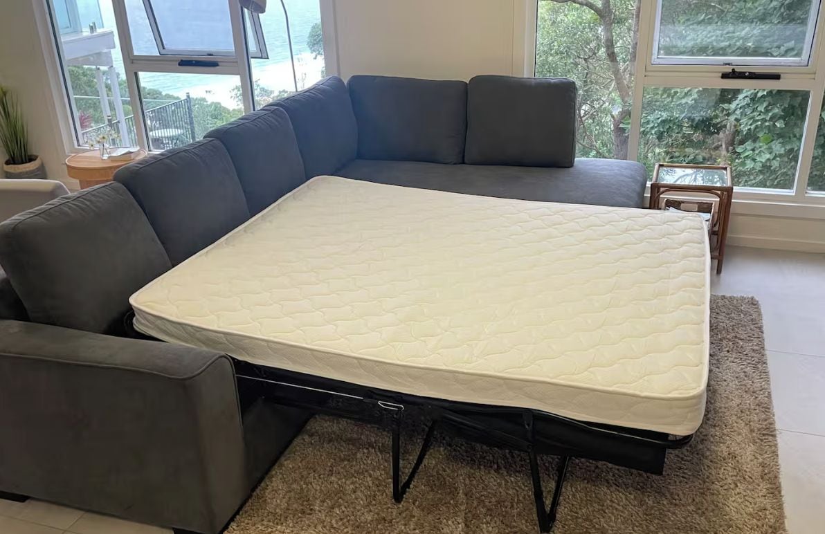 A convertible sofa with a mattress attached, positioned in a room with large windows and a view of greenery outside.