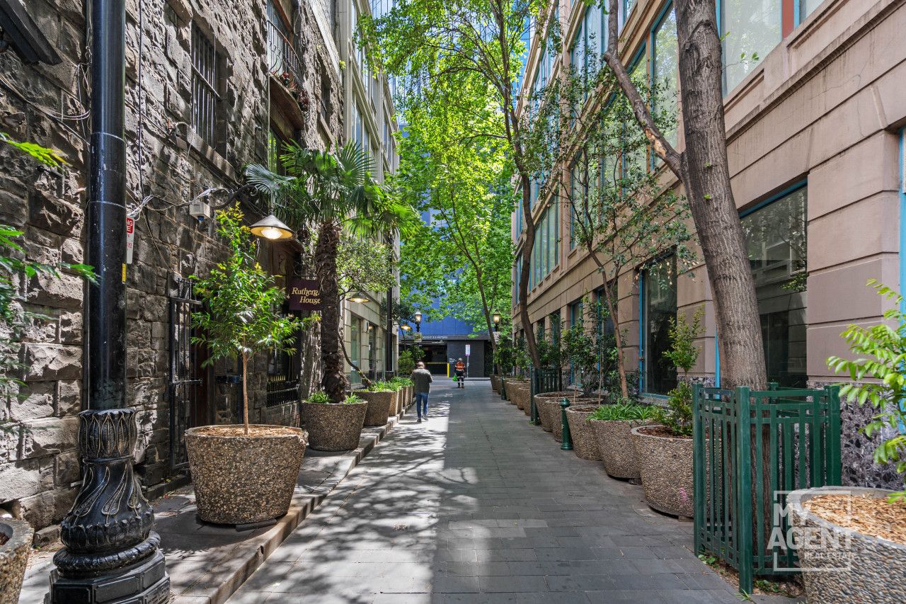 A narrow urban street lined with trees and planters, leading to a building with a blue roof.