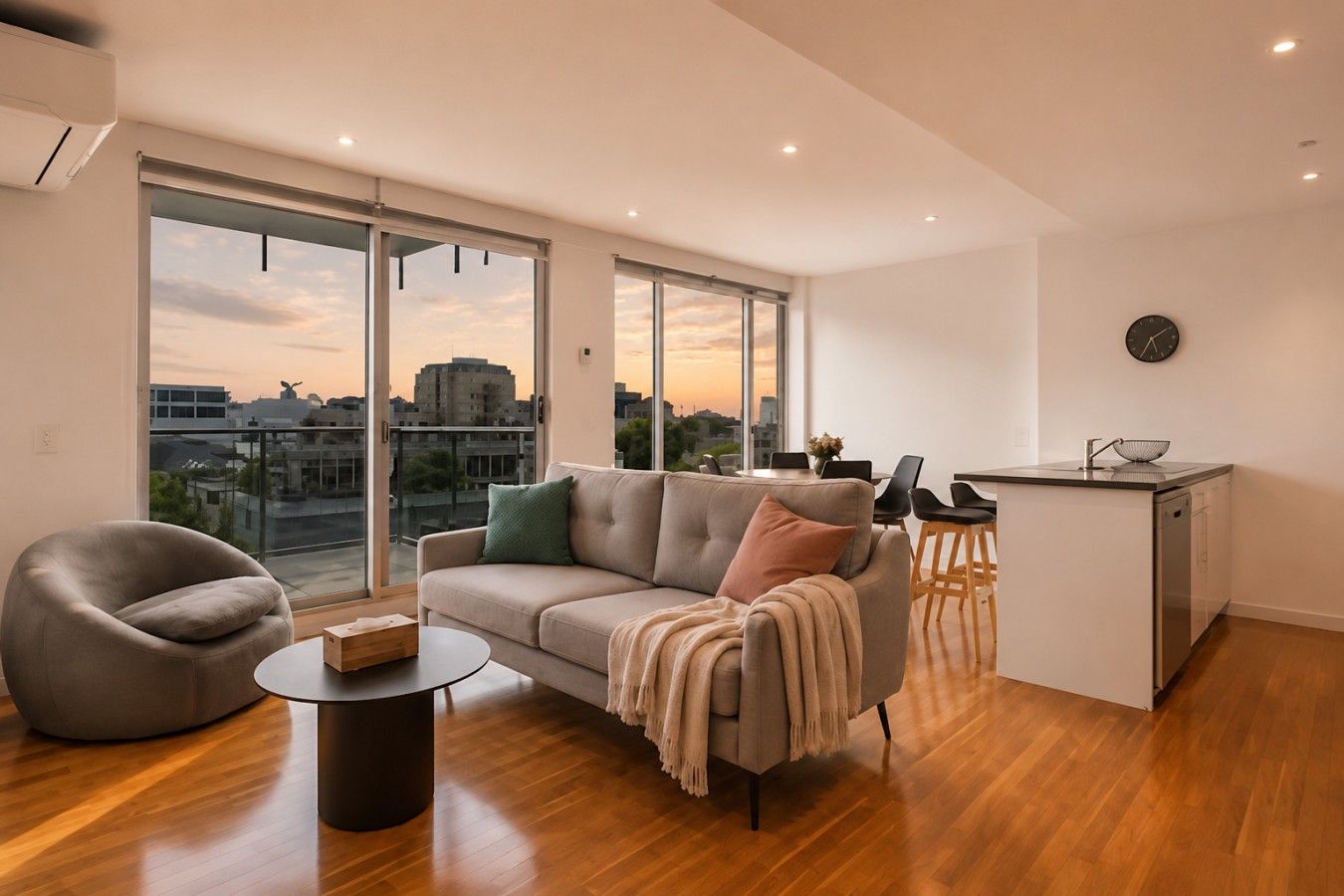 A modern living room with a sofa, a chair, a small table, and a kitchen area with a sink and stools.