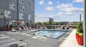 A rooftop pool area with lounge chairs and a sign prohibiting diving. - Landing | Spectacular 1BD, Clubhouse, Gym (Durham)