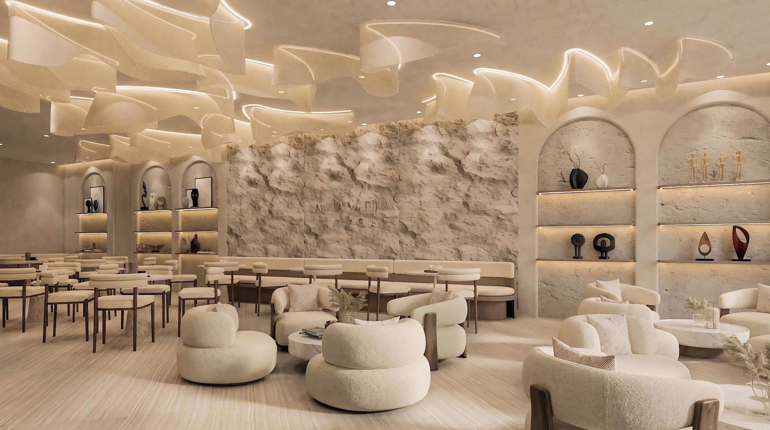 A modern interior with round seating, a marble wall, and recessed lighting.