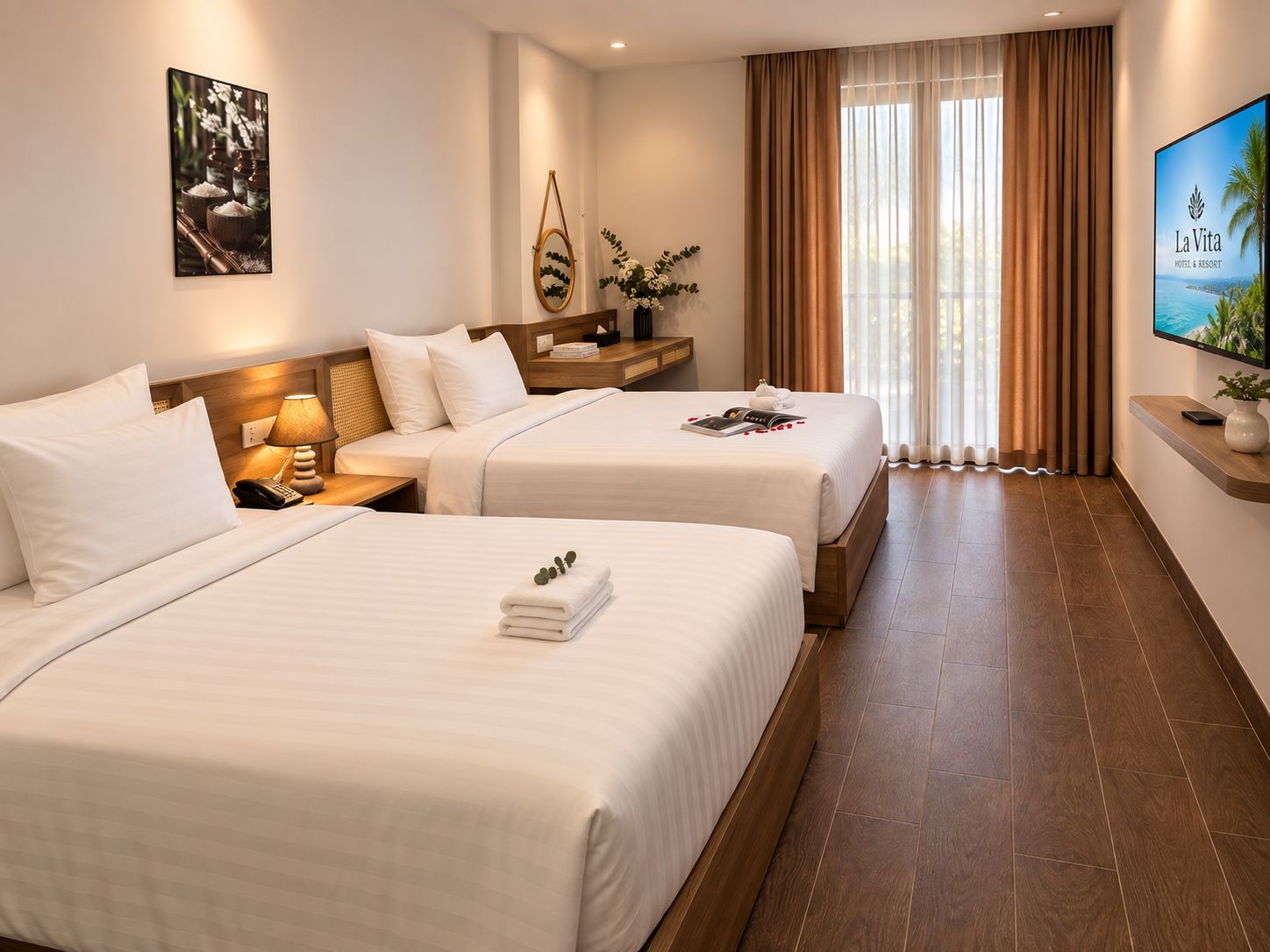 Habitació d'hotel amb dos llits, televisió, panell de capçalera de fusta, una tauleta de nit i una finestra amb cortines.