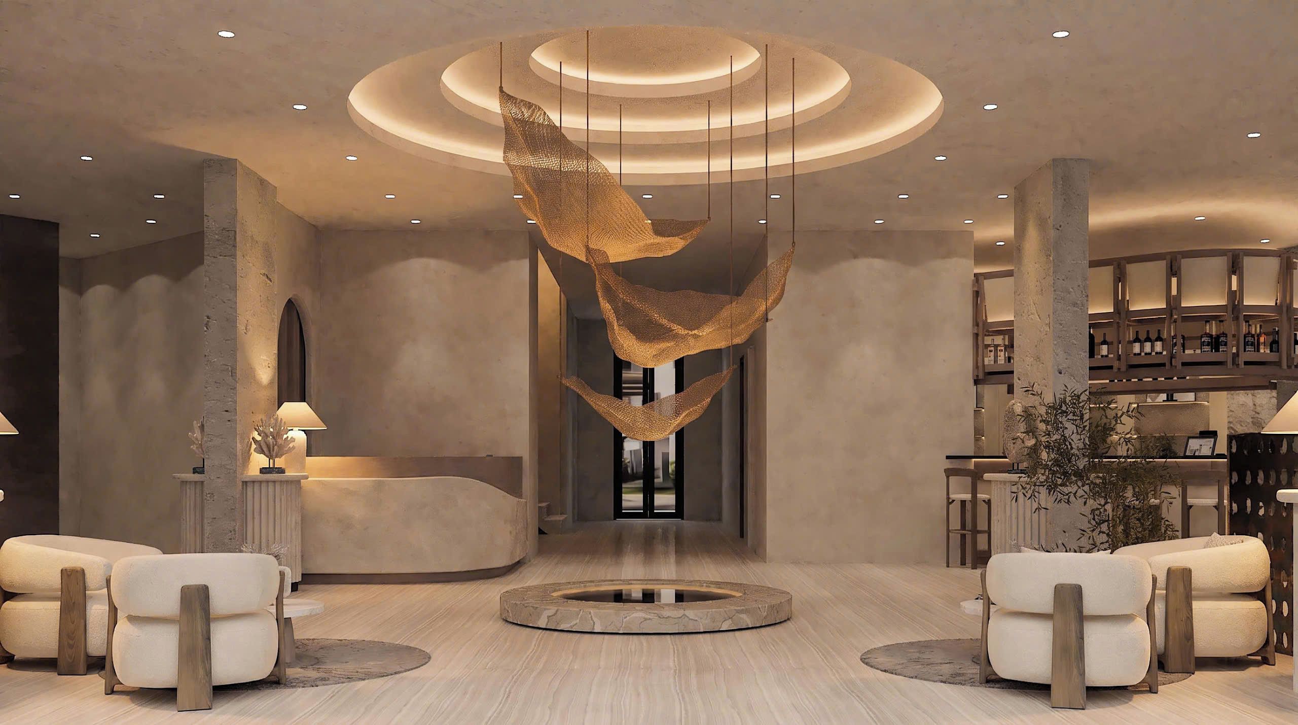 A modern lobby with a central seating area, a reception desk, and a bar with shelves of bottles.