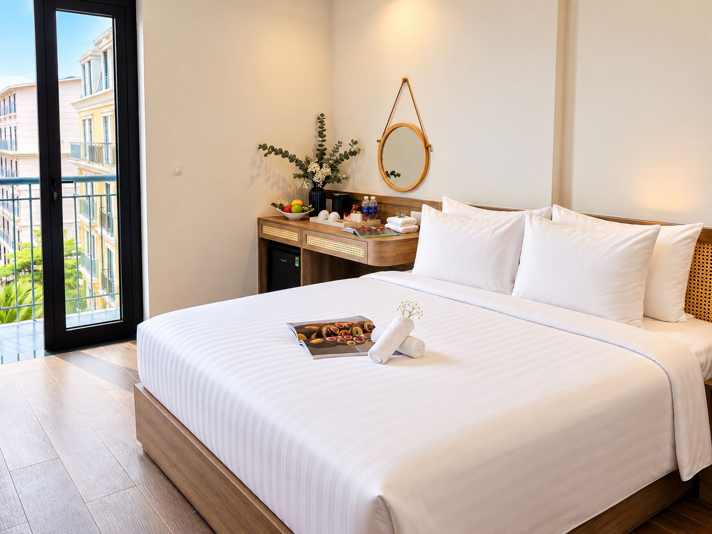 A hotel room with a large bed, a bedside table, a mirror, and a view of buildings through a window.