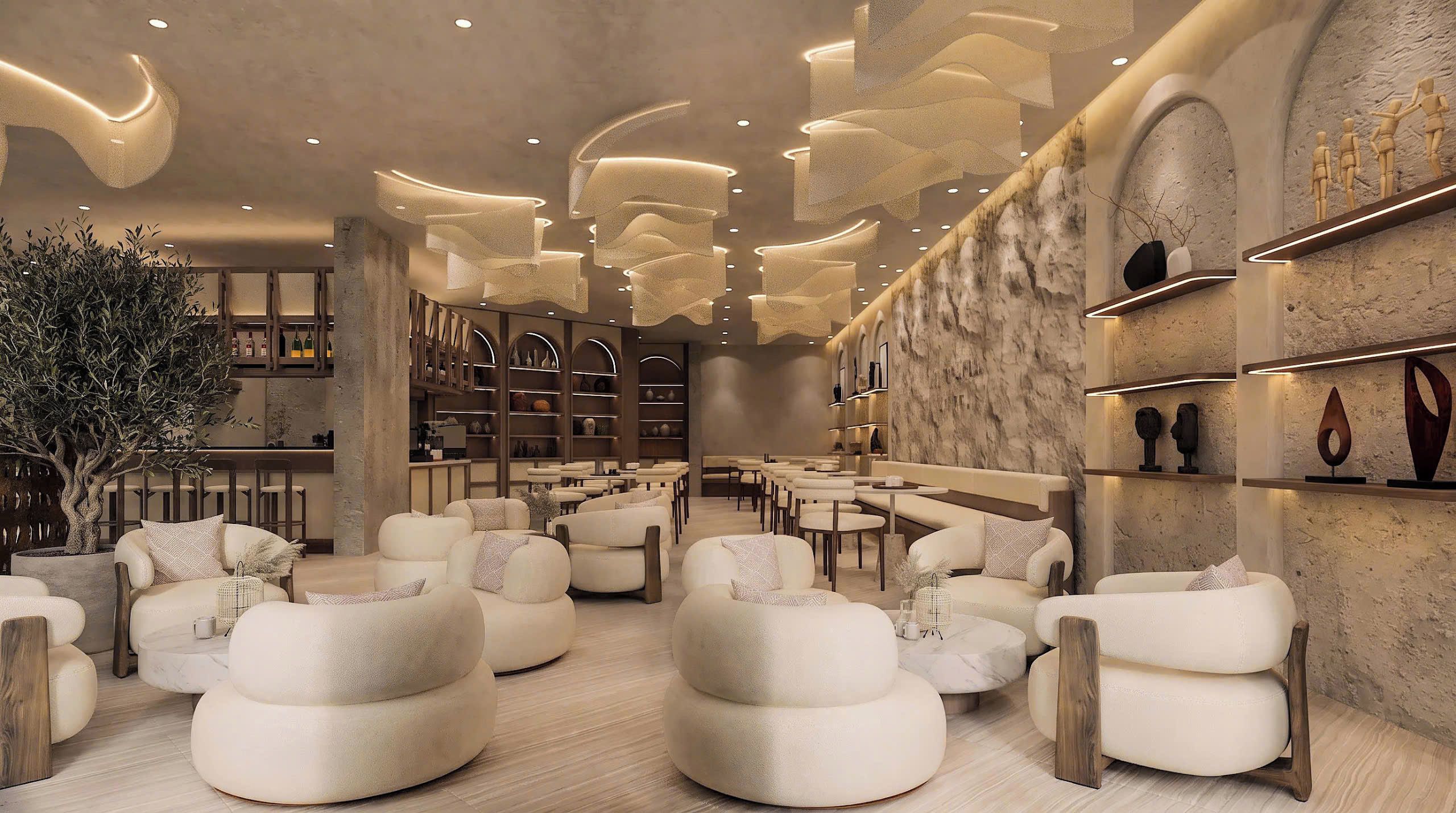 A modern lounge area with round seating, a bar with shelves, and a decorative wall.