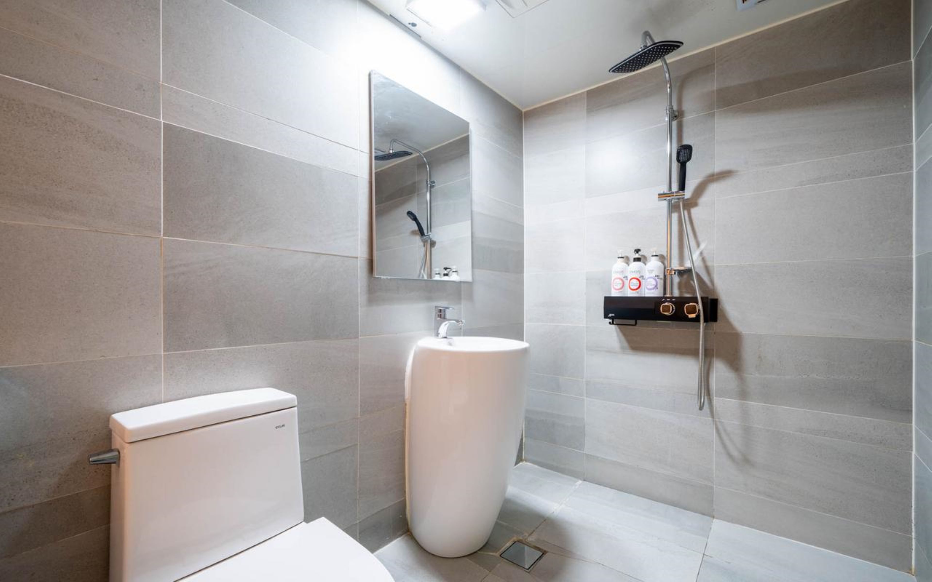 Un baño moderno con inodoro, lavabo y ducha.