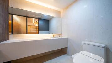 A modern bathroom with a long vanity, a mirror, a toilet, and a shower area.