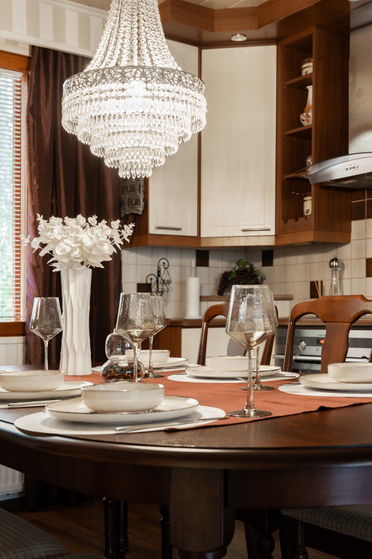 Dining table set for dinner