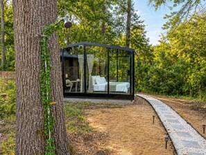 A glass-enclosed bedroom with a bed and a chair, surrounded by a forest.